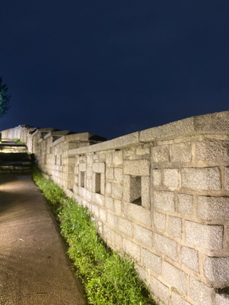 Illuminated Seoul City Wall at Naksan Park at night in detail.