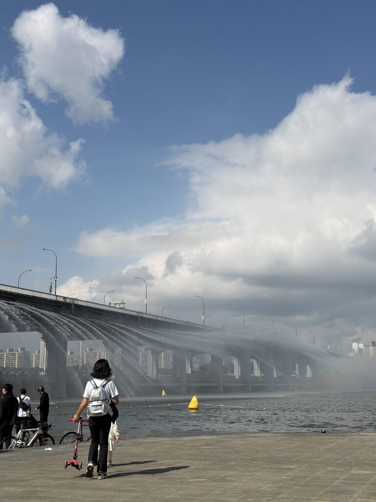 A wide-angle view of the Banpo Hangang Park Rainbow Fountain in Seoul, with water jets spraying into the river.