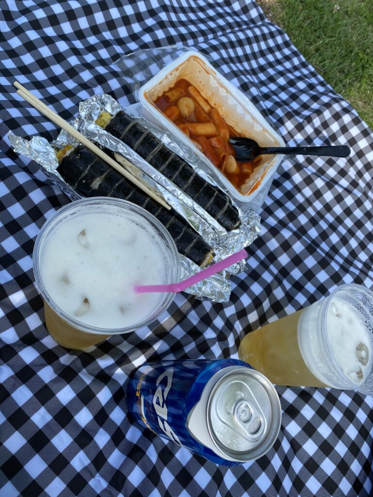 Han River picnic with instant ramen and beer near the Banpo Rainbow Fountain