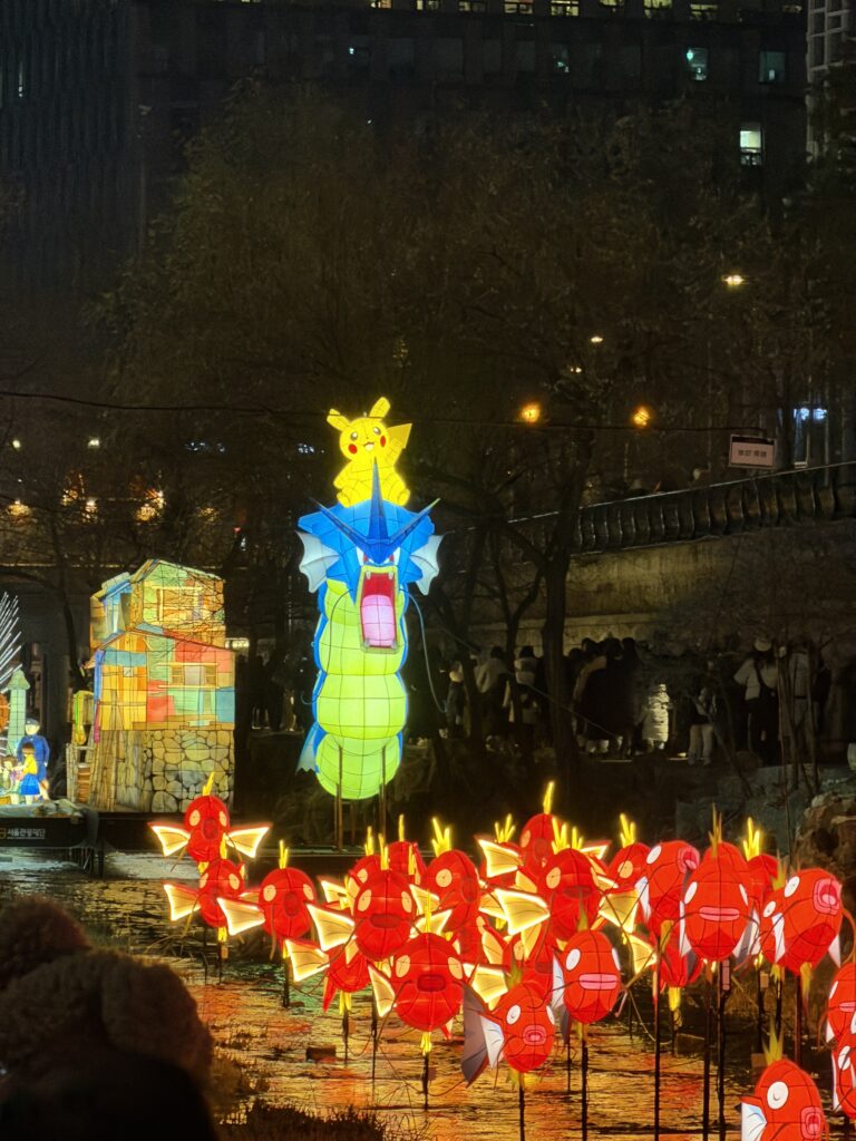 Pokémon-themed lanterns including Magikarp and Gyarados at the Cheonggyecheon Seoul Lantern Festival