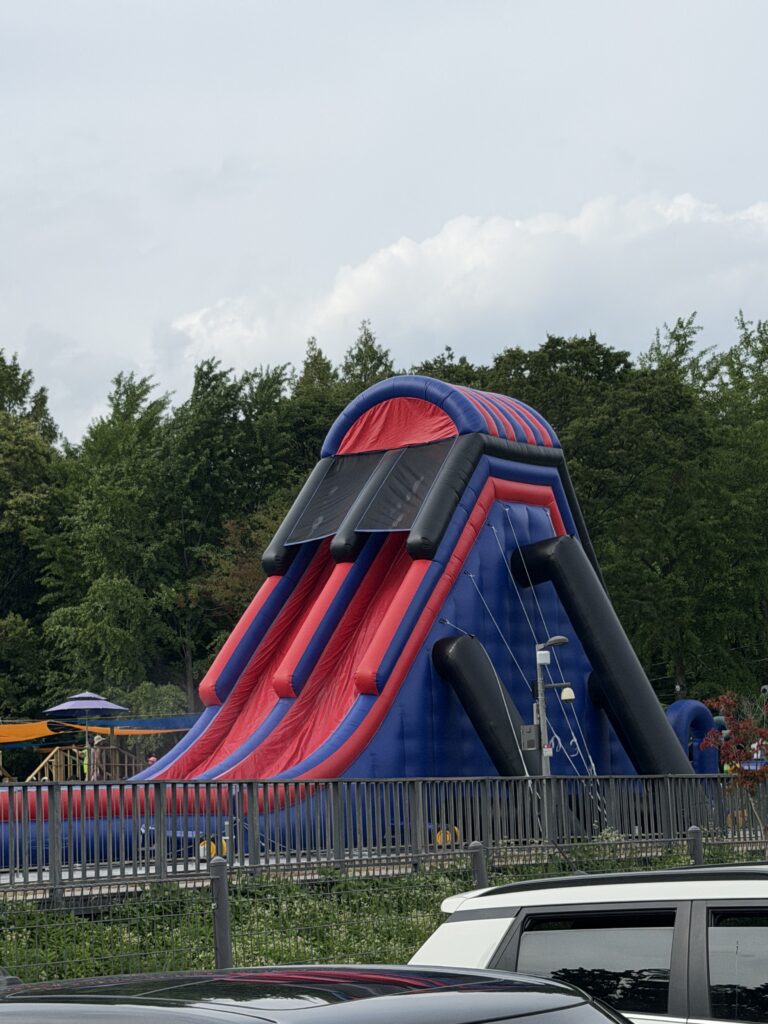 Large inflatable water slide at the summer water playground in Hwarangdae Railroad Park