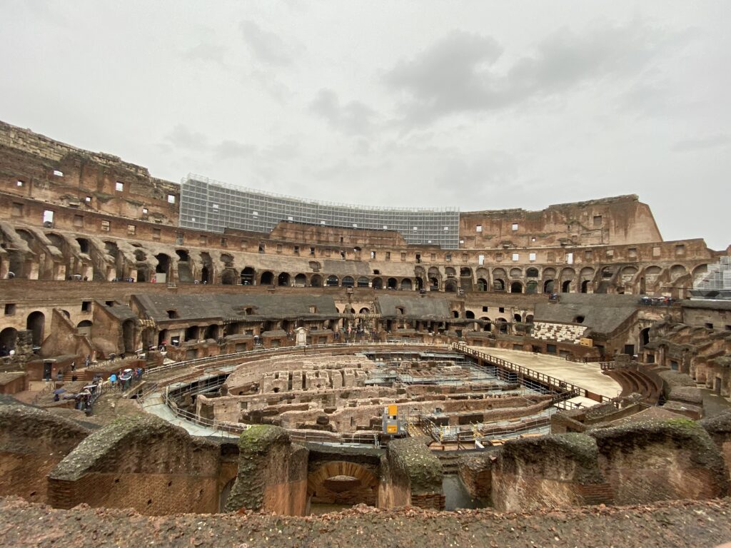 Interior of the Colosseum in Rome showing the arena floor and the underground hypogeum