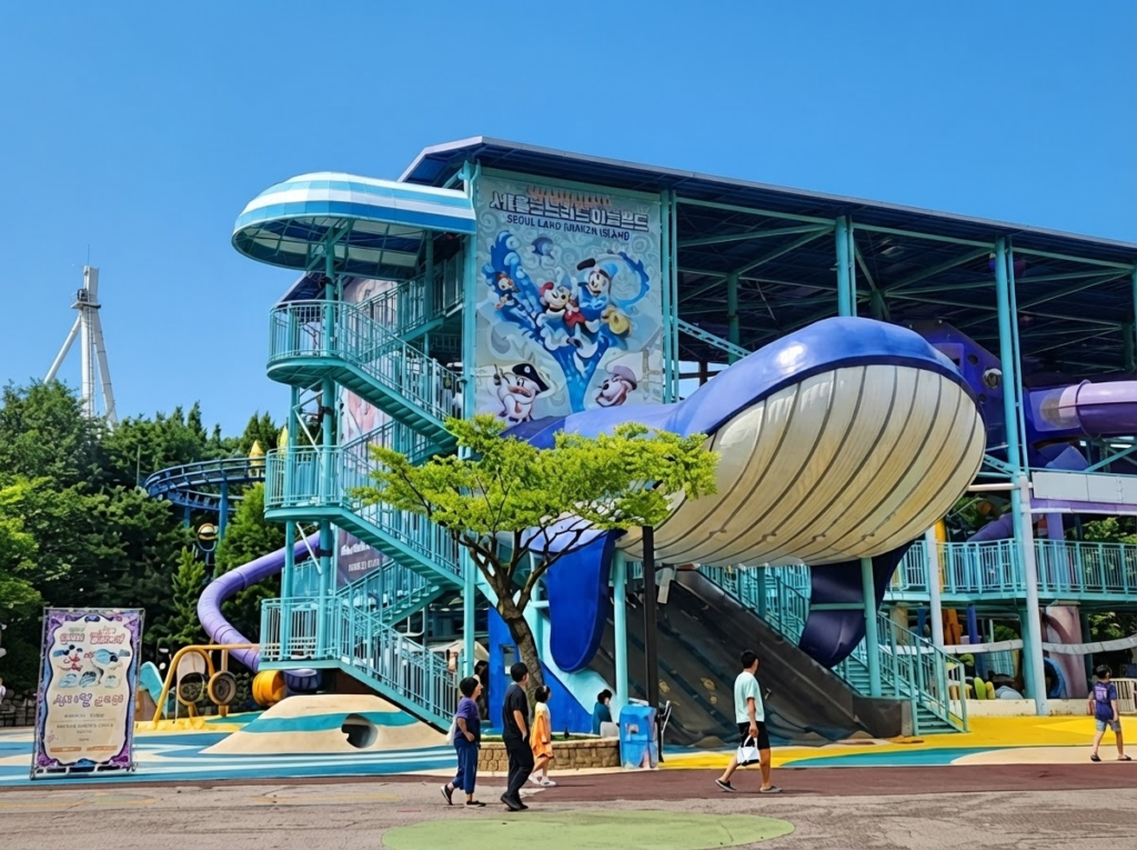 Kraken Island water play area building with slides at Seoul Land