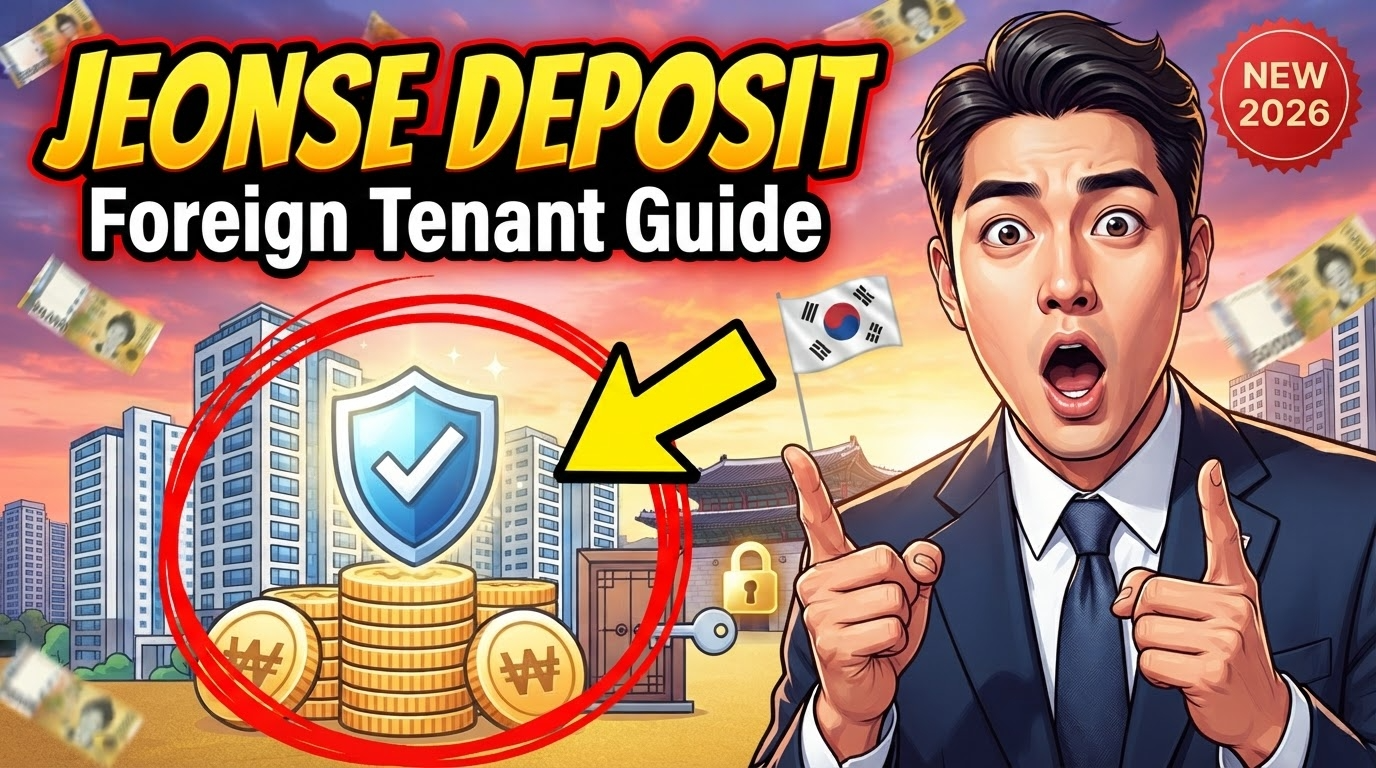 YouTube thumbnail showing a Korean real estate expert pointing at a giant Korean won coin stack with a shield, advertising a guide about Jeonse deposit protection for foreign tenants in Korea.