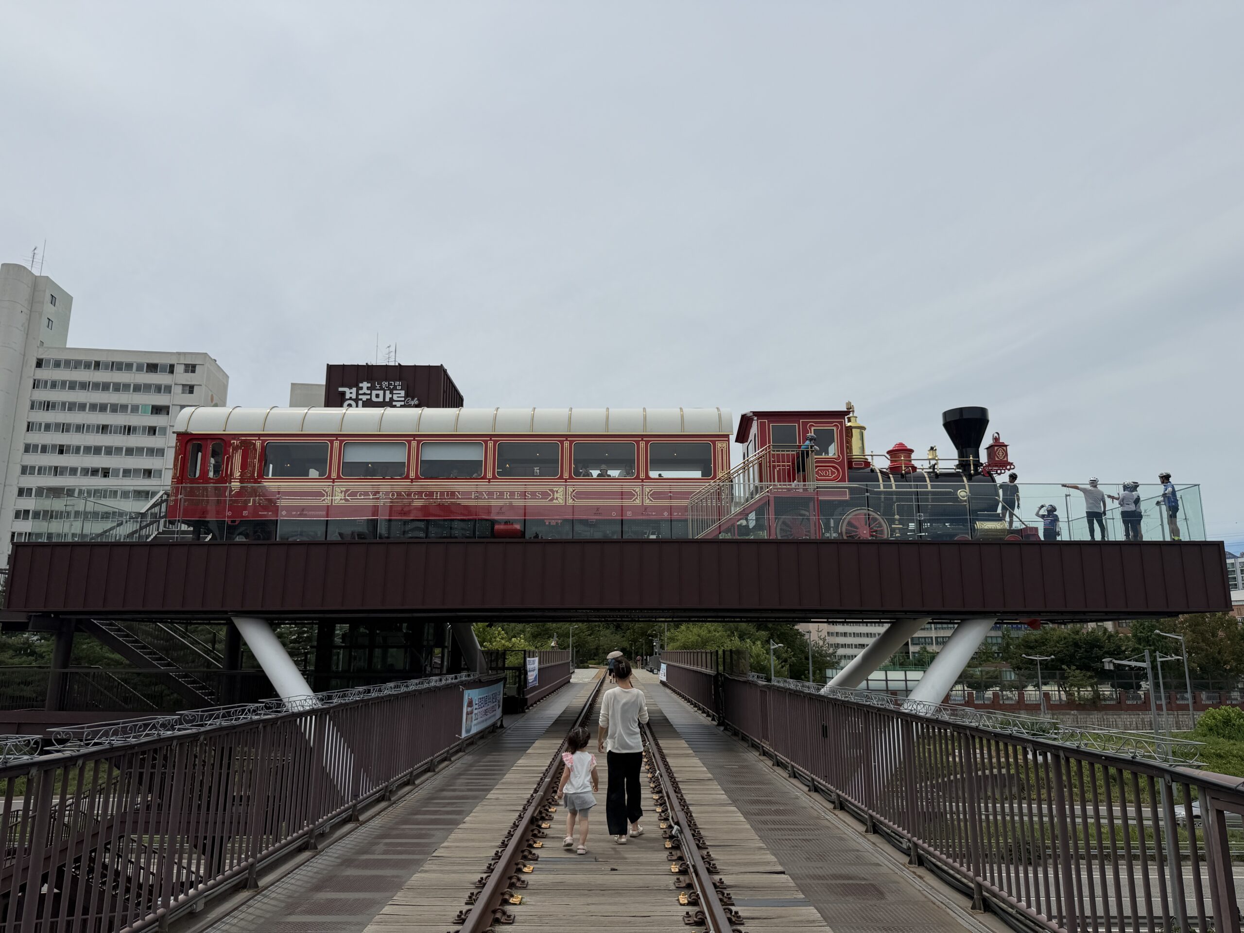 The Gyeongchun Express vintage train café mounted on the old railway bridge at Gyeongchun Maru, Nowon, Seoul
