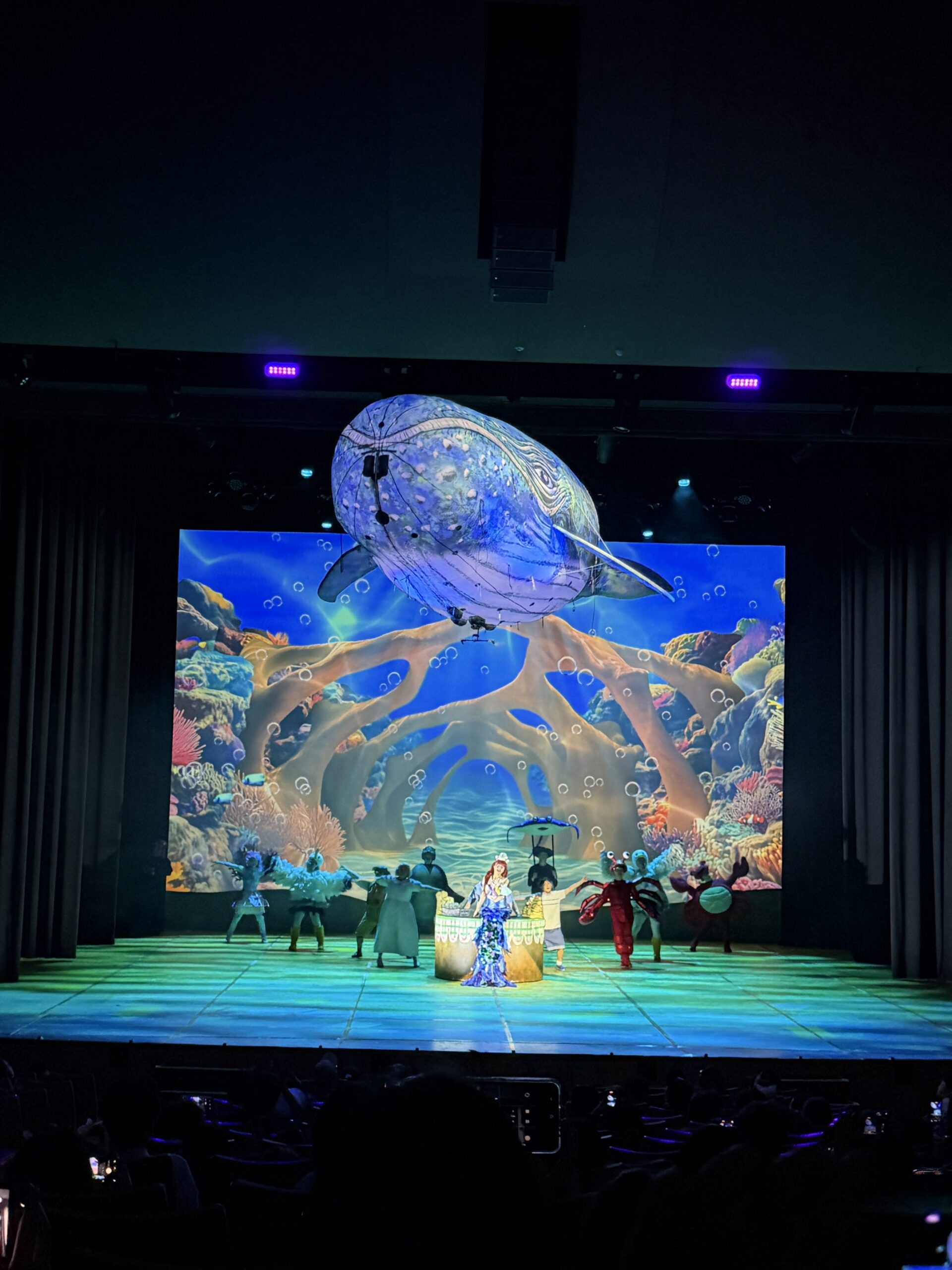 Cast bowing at curtain call beneath a giant suspended whale at Theater Yong, National Museum of Korea, Seoul.