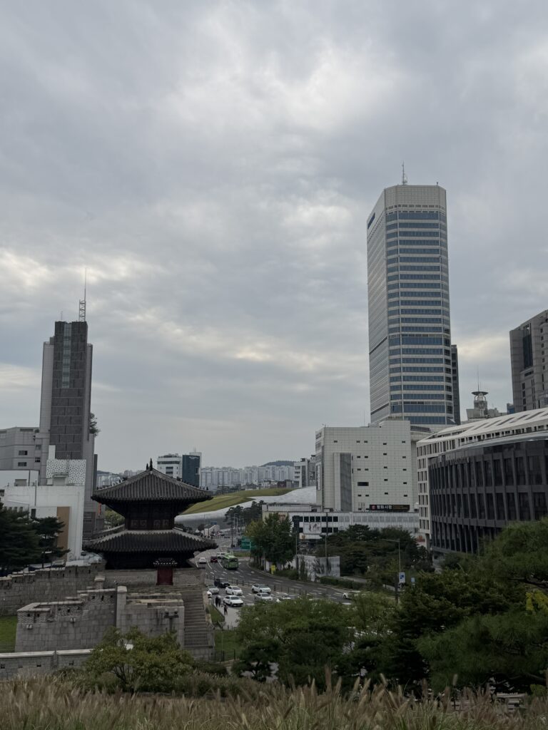 Heunginjimun Gate seen from above from the Seoul City Wall path, with the Dongdaemun Design Plaza and high-rise buildings behind it