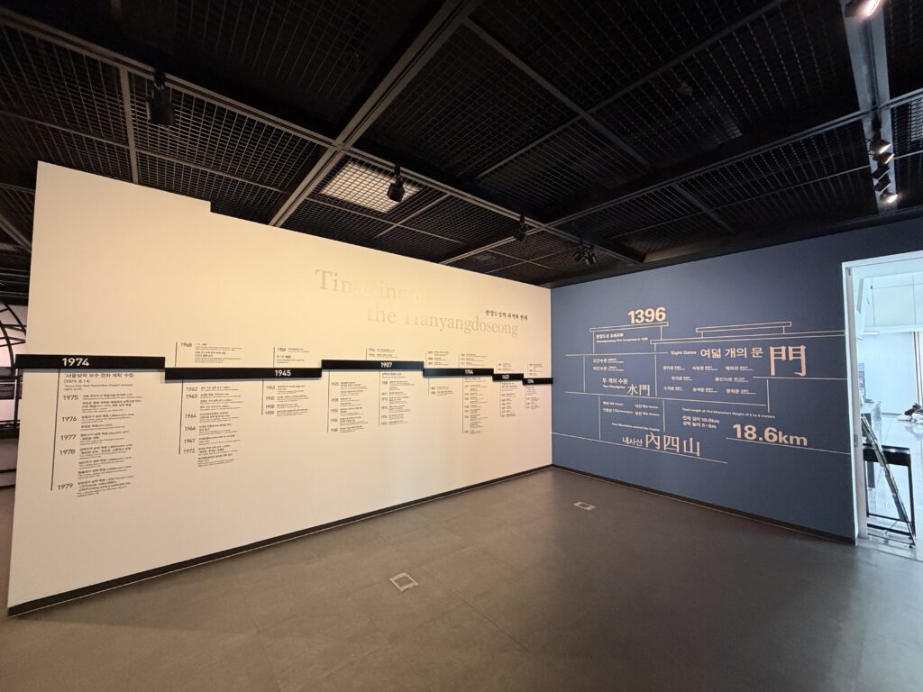 Exhibition wall at the Seoul City Wall Museum showing a timeline of the Hanyangdoseong fortress with the figures 1396 and 18.6 kilometres
