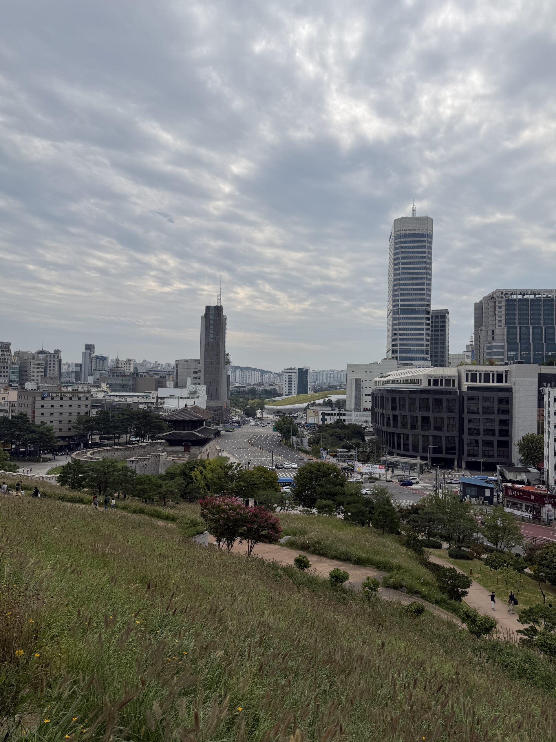 Heunginjimun Gate and its curved outer wall seen from the grass slope of Heunginjimun Park, with the Seoul City Wall path and high-rise towers behind