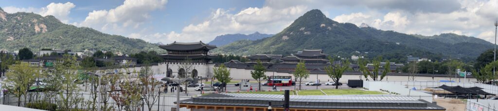 View of Gyeongbokgung Palace and Bugaksan mountain from the eighth-floor rooftop garden of the National Museum of Korean Contemporary History