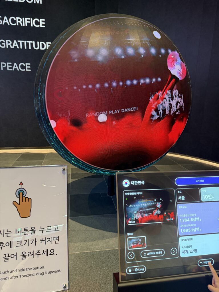 pherical LED display and touchscreen panel with a language button in Freedom Hall, showing national data for South Korea