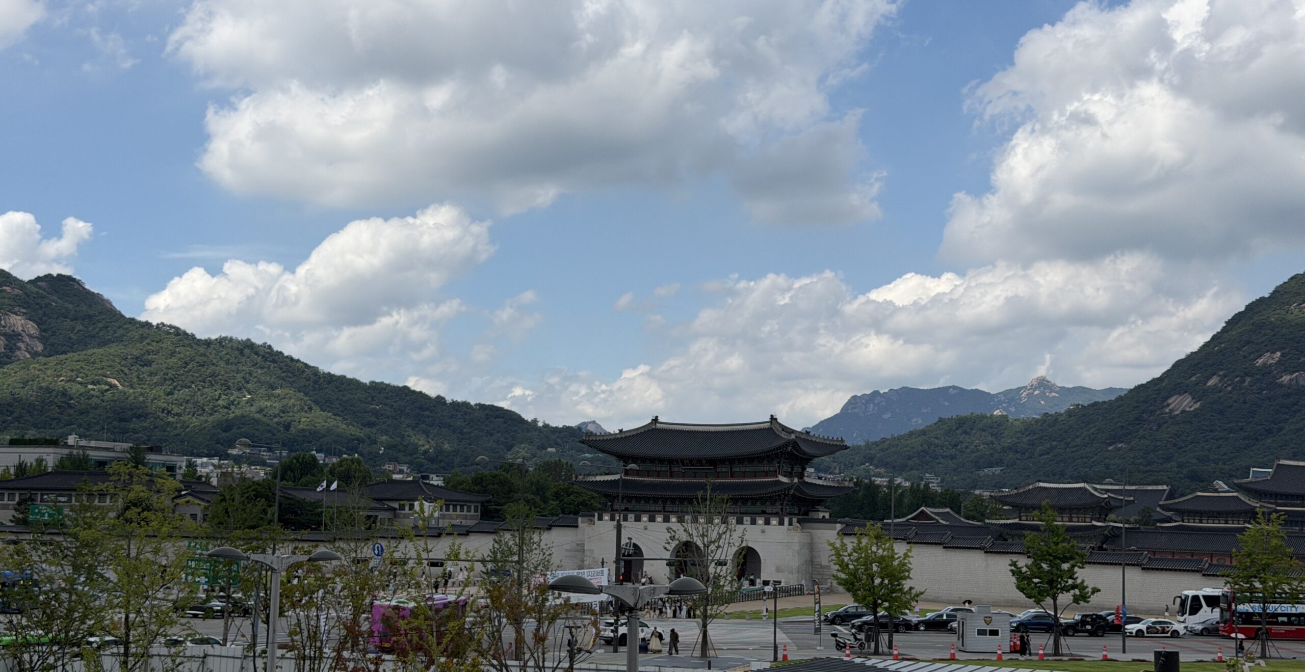 View of Gyeongbokgung Palace and Bugaksan mountain from the eighth-floor rooftop garden of the National Museum of Korean Contemporary History
