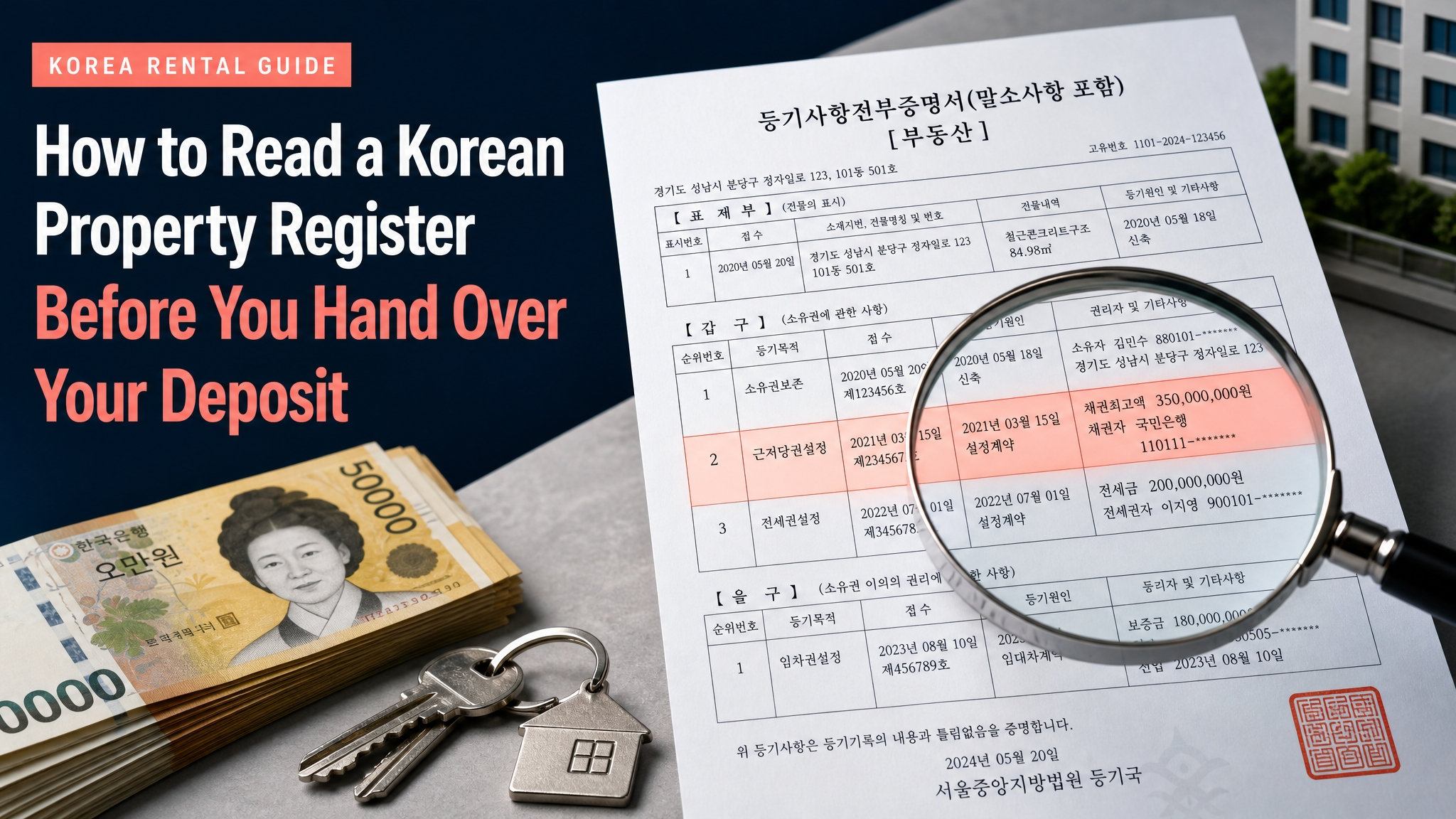 Korean property register certificate, a magnifying glass over a mortgage entry, 50,000-won notes and house keys on a desk