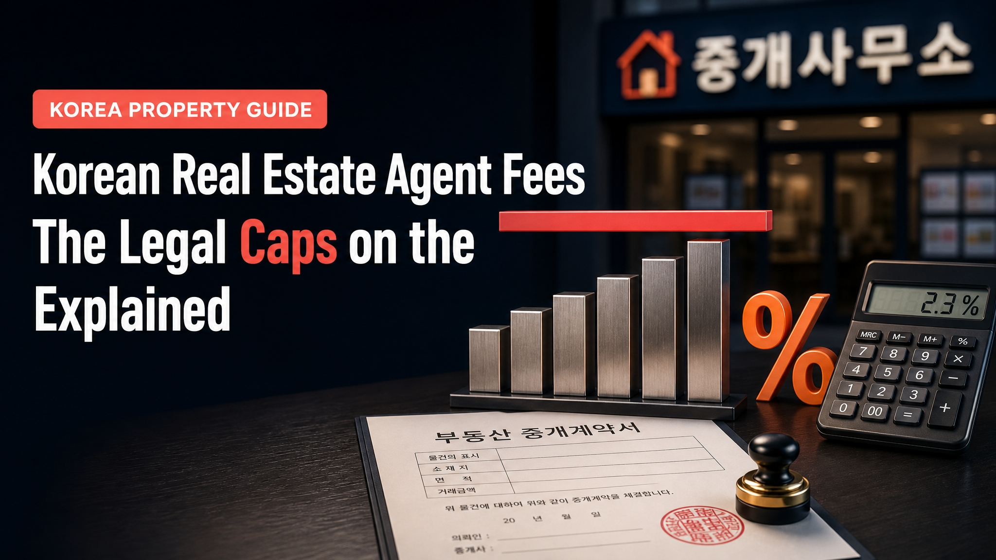 Korean real estate agent commission chart, a coral bar capping a rising rate graph, calculator and stamped contract on a desk