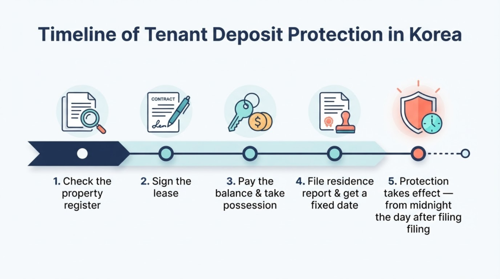 Timeline diagram showing the order of steps that protect a tenant's deposit in Korea, from checking the property register to protection taking effect the day after filing.